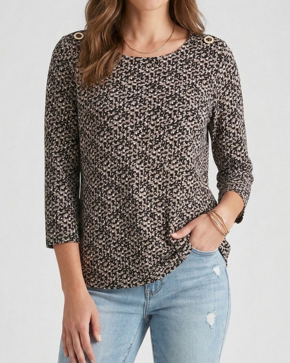 Nine West Womens Large Blouse Polyester Cheetah Print Brown White Black